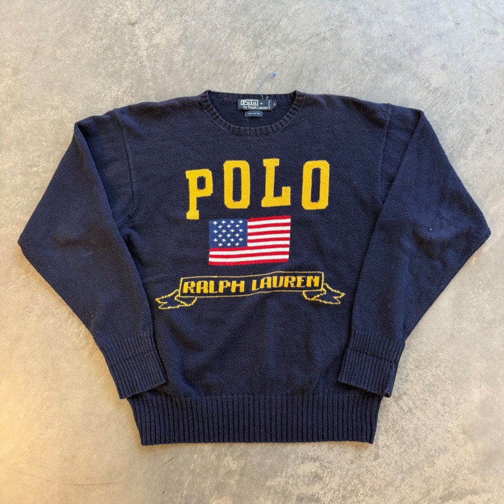 Vintage Polo Ralph Lauren American Flag Cotton Knit Sweater Navy Blue Mens S